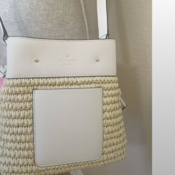 Kate Spade Marti Straw Mixed Media Small Bucket Bag Parchment Multi - Picture 5 of 14